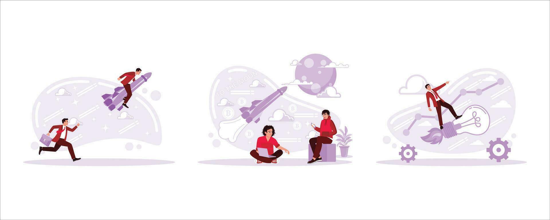 Businessman trying to catch up, the Businessman flying on a rocket, the Businessman talking about sales progress, Businessman driving a light bulb rocket on the growth chart. vector