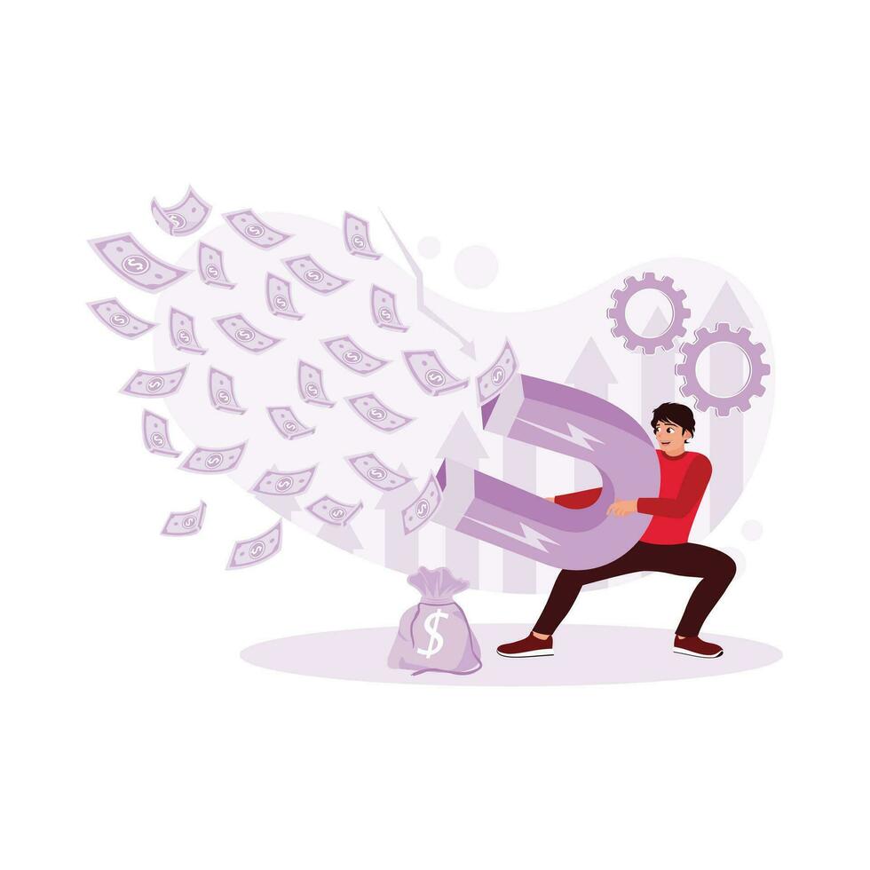 A young businessman is standing next to a money bag, attracting money with a giant magnet. Earning Money concept.  trend modern vector flat illustration