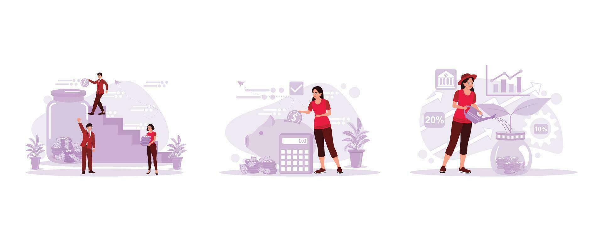 Businessman putting coin into a big glass cup. Women insert coins into a piggy bank and count using a calculator. Woman in hat watering money plant Trend Modern vector flat illustration.