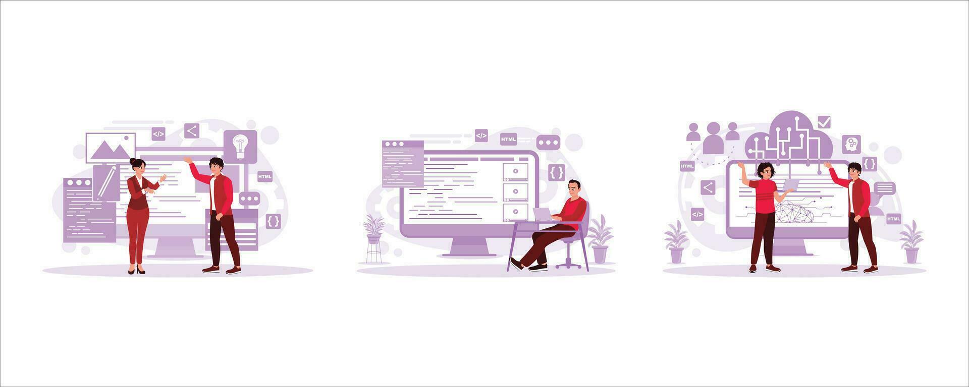 Employees who do the assembly of web pages. Draw a website development layout sketch. Two development men design and develop. web design concept. Set Trend Modern vector flat illustration