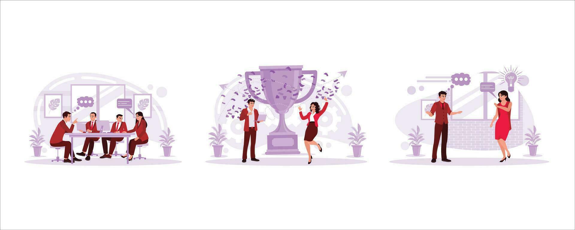 Multicultural business people are sitting and gathering, celebrating office success, businesspeople exchanging thoughts. The atmosphere in the office concept. Set Trend Modern vector flat illustration