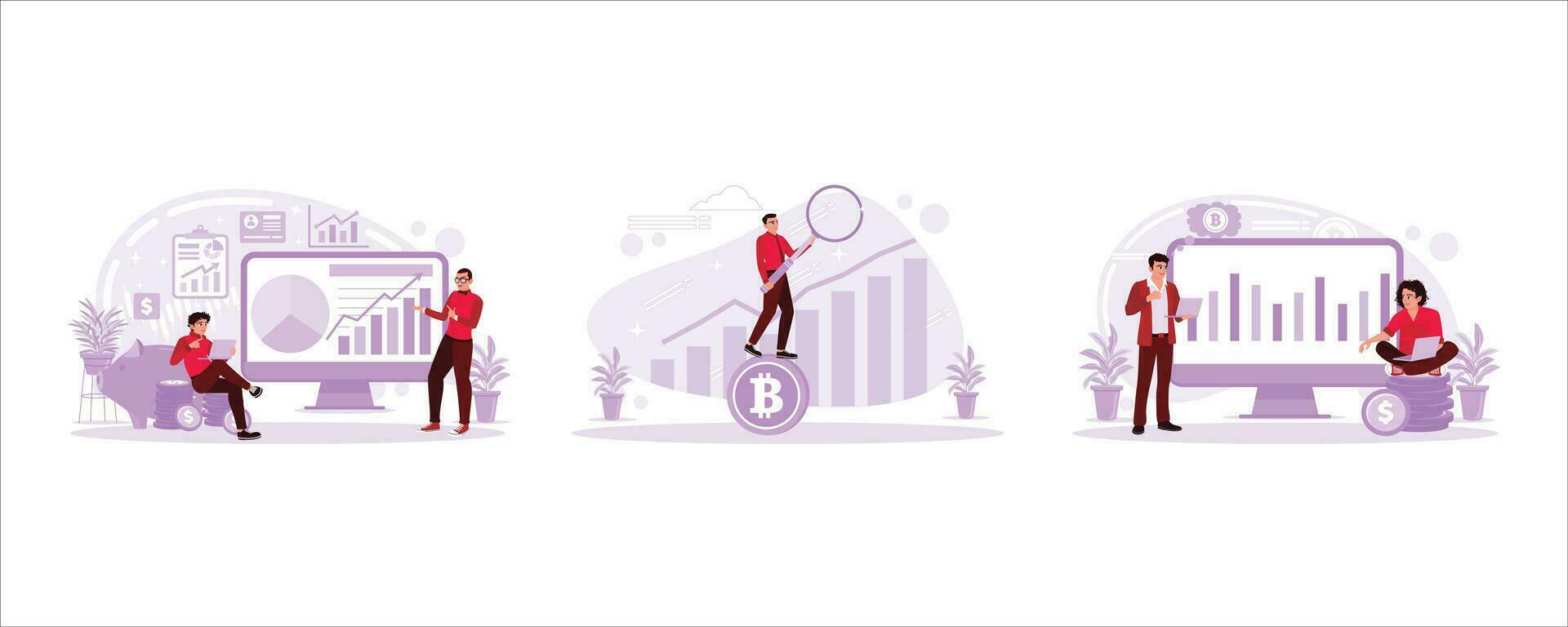 Businessman doing business and stock growth planning and strategy, Businessman was sitting on Bitcoin, and the young man was trading online. Stock Trading concept. vector