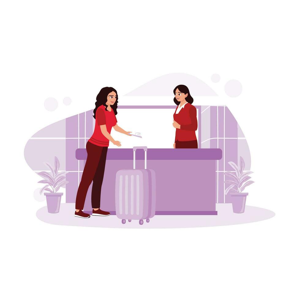 Friendly receptionist standing at the counter, serving and giving documents to guests. Hotel Receptionist Concept. trend modern vector flat illustration