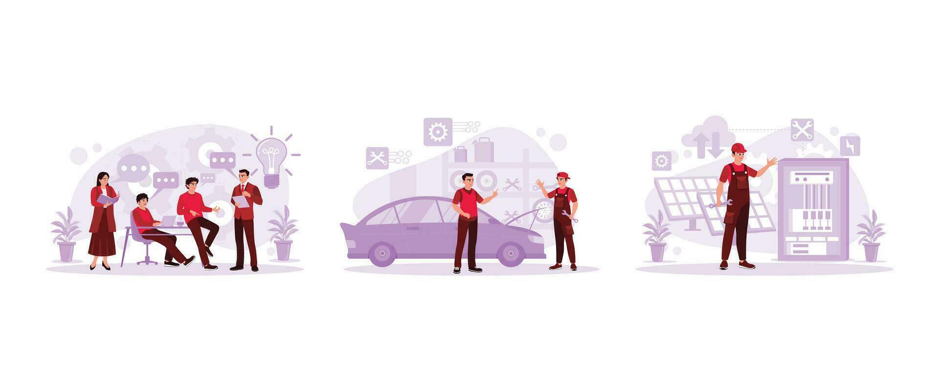 Creative team meeting and solving problems. Mechanic repairs customer's car. The technician checks the solar panel switchgear compartment. Trend Modern vector flat illustration.