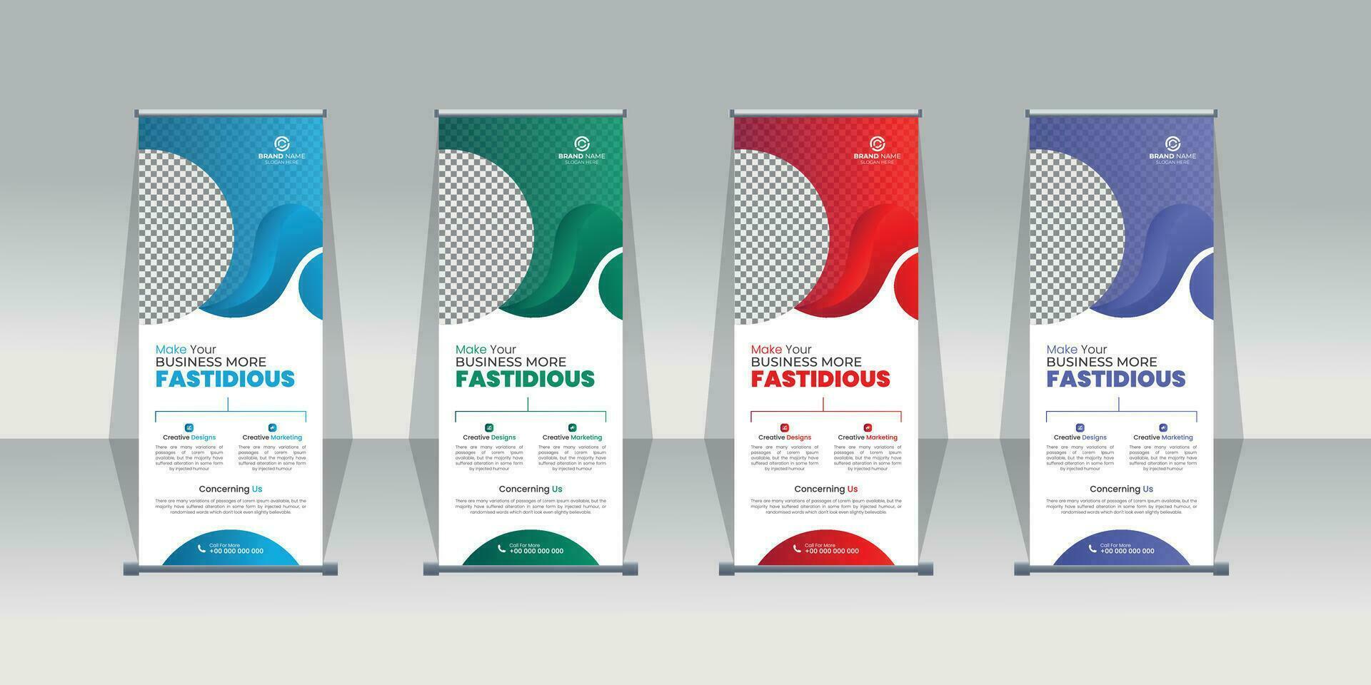 vistoso elegante creativo corporativo rodar arriba bandera señalización espectador de pie modelo para publicidad y de múltiples fines utilizar con cuatro degradado color variaciones vector