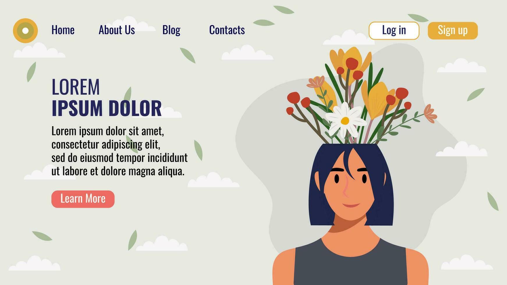 Flat design website landing page template with a portrait of a woman with a bouquet of flowers. Mental health concept. Vector illustration.