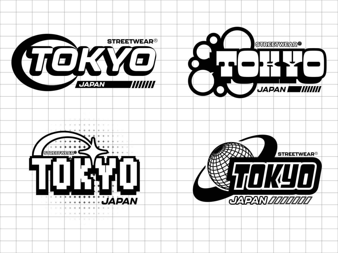 tokio retro futurista para t camisa diseño. resumen gráfico geométrico símbolos y objetos en y2k estilo vector