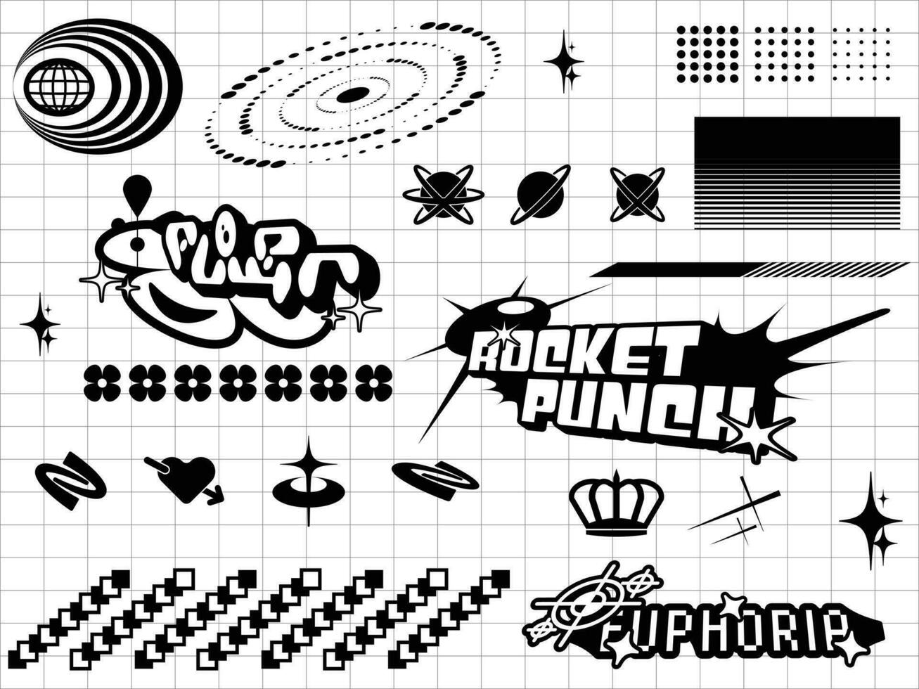 Set of vector graphic asset for streetwear design. Retro futuristic element in Y2K for apparel, clothing and poster design.