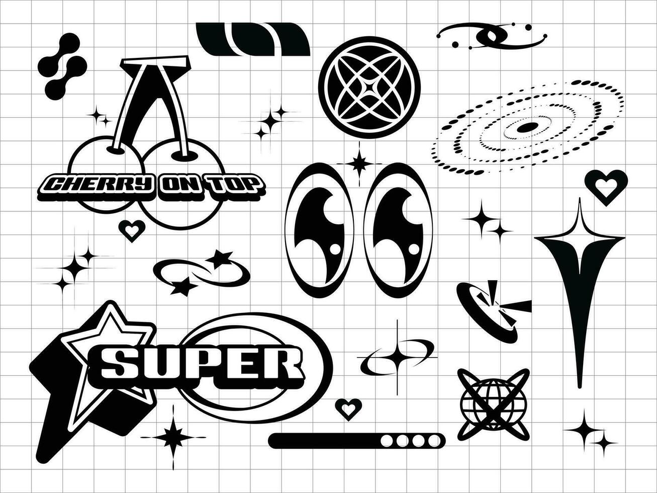 Set of vector graphic asset for streetwear design. Retro futuristic element in Y2K for apparel, clothing and poster design.