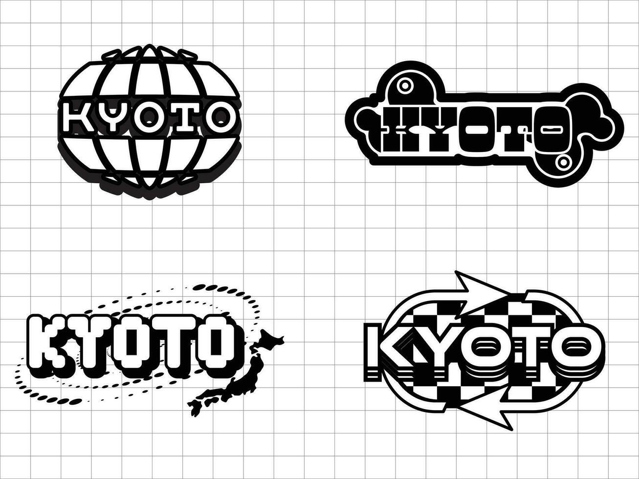 Kioto retro futurista para t camisa diseño. resumen gráfico geométrico símbolos y objetos en y2k estilo vector