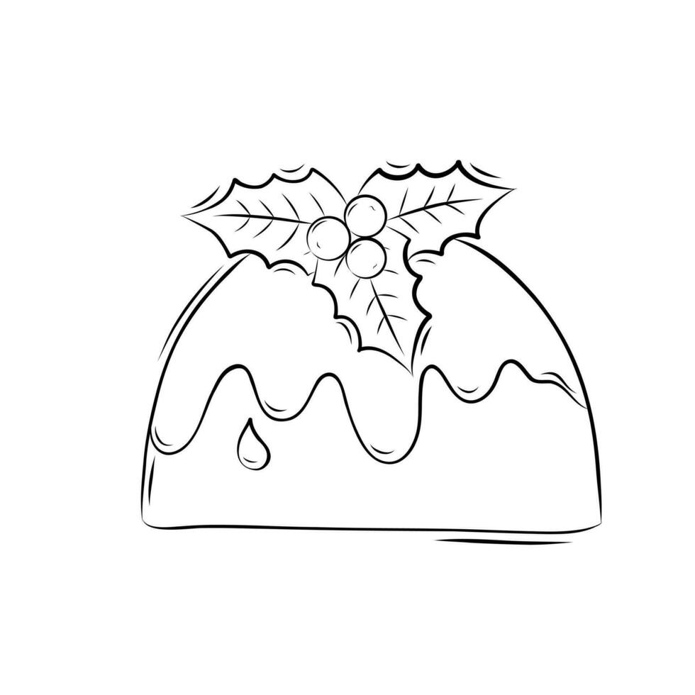 Christmas Pudding decorated with sprig of Holly Decorative Element in Doodle Style. Christmas coloring book. Simple Vector Illustration.