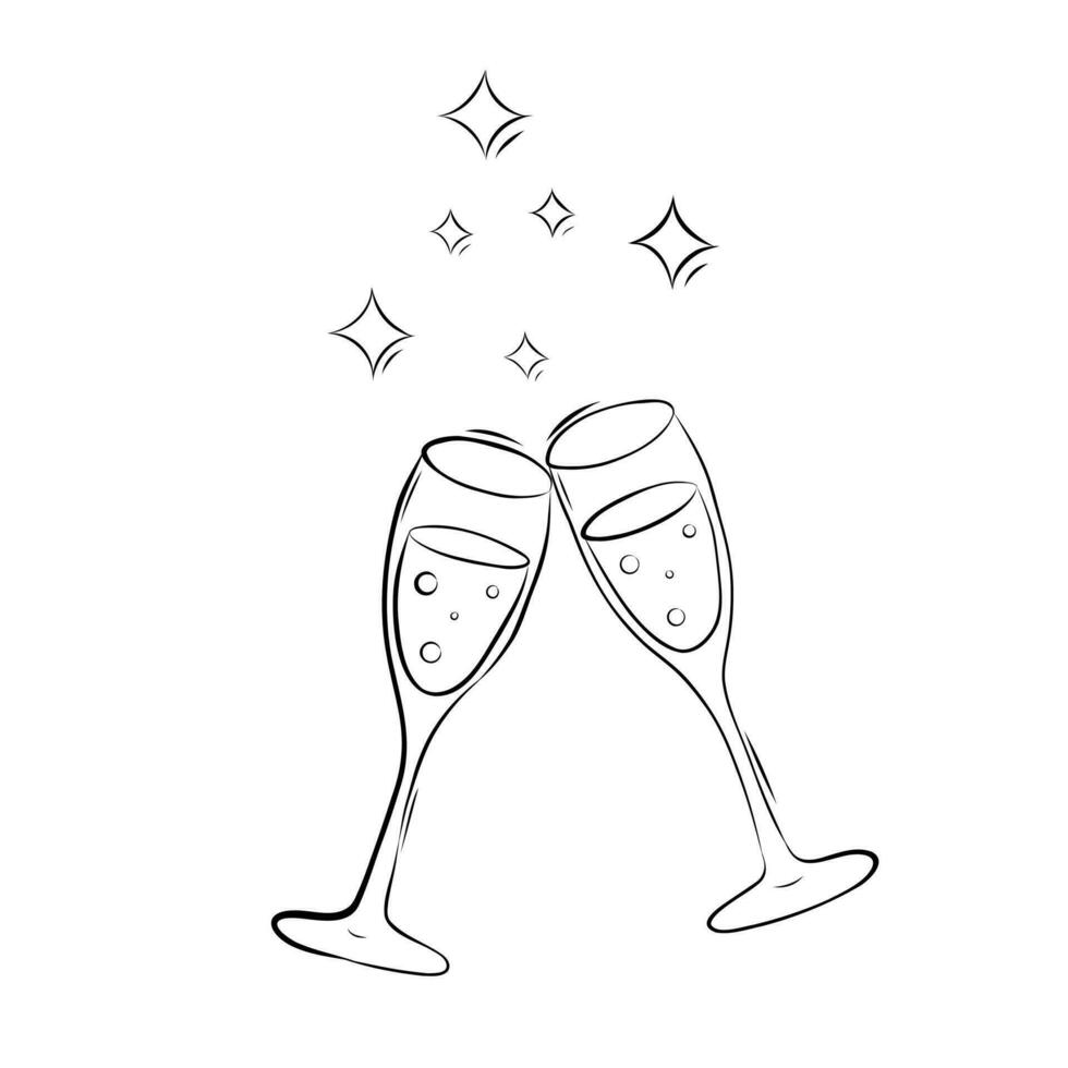 Cheers Clinking Glasses of Champagne Decorative Element in Doodle Style. Christmas coloring book. Simple Vector Illustration.