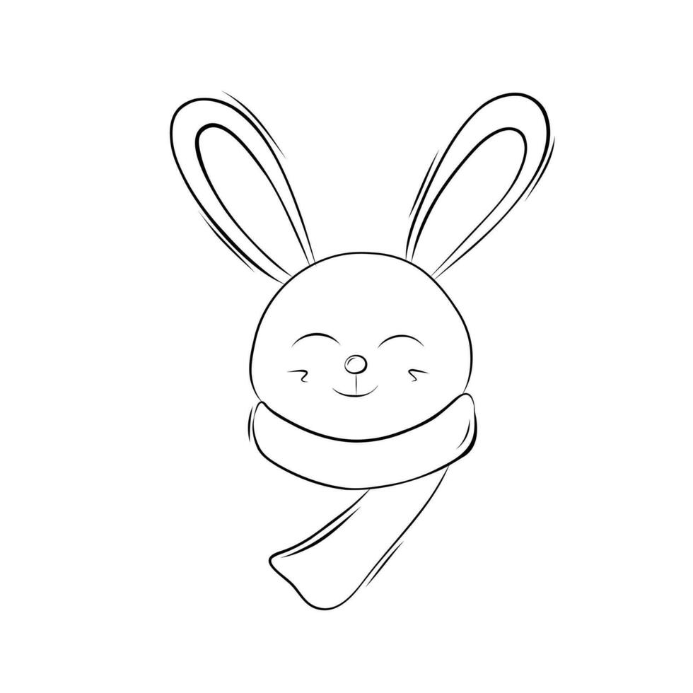 Cute Smiling Christmas Bunny Wearing a Scar Decorative Element in Doodle Style. Christmas coloring book. Simple Vector Illustration.