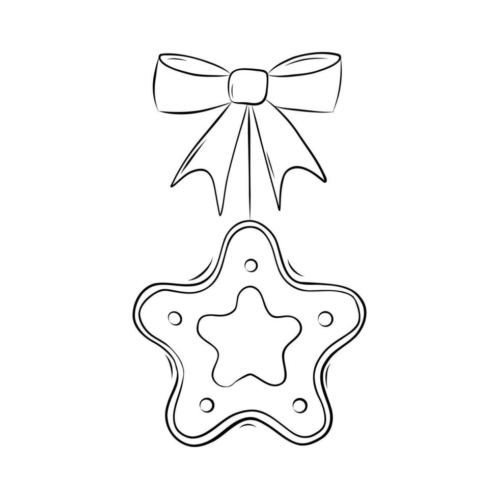 Christmas Tree Toy Gingerbread in the Shape of a Star with a Bow Decorative Element in Doodle Style. Christmas coloring book. Simple Vector Illustration.