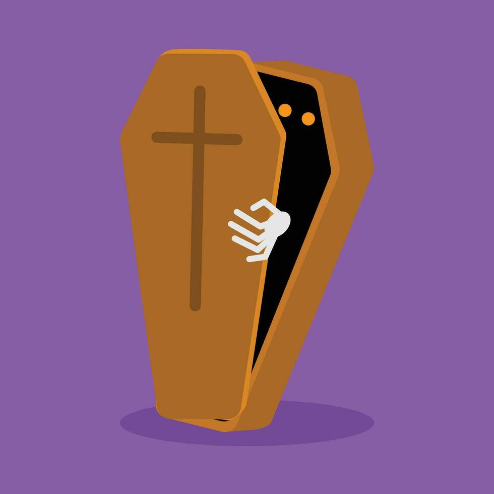 Coffin icon in flat style. Grave vector illustration on purple background.