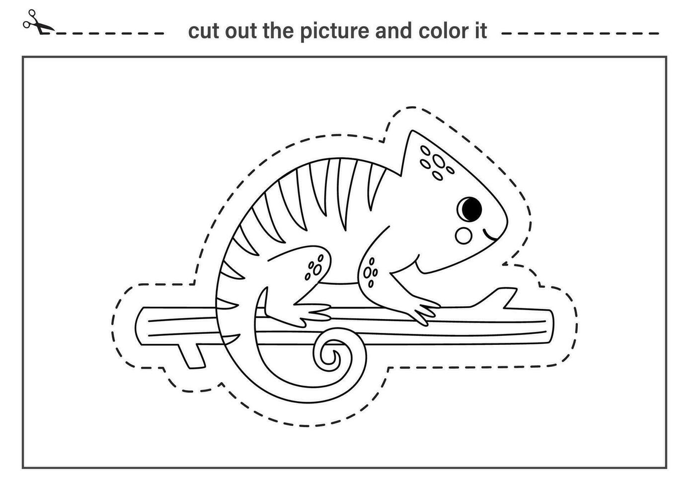 corte práctica para niños. negro y blanco hoja de cálculo. cortar fuera dibujos animados camaleón. vector