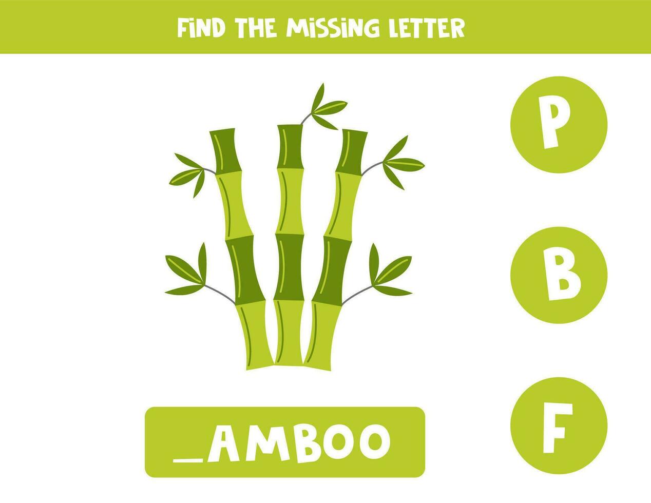 Find missing letter with cartoon bamboo tree. Spelling worksheet. vector