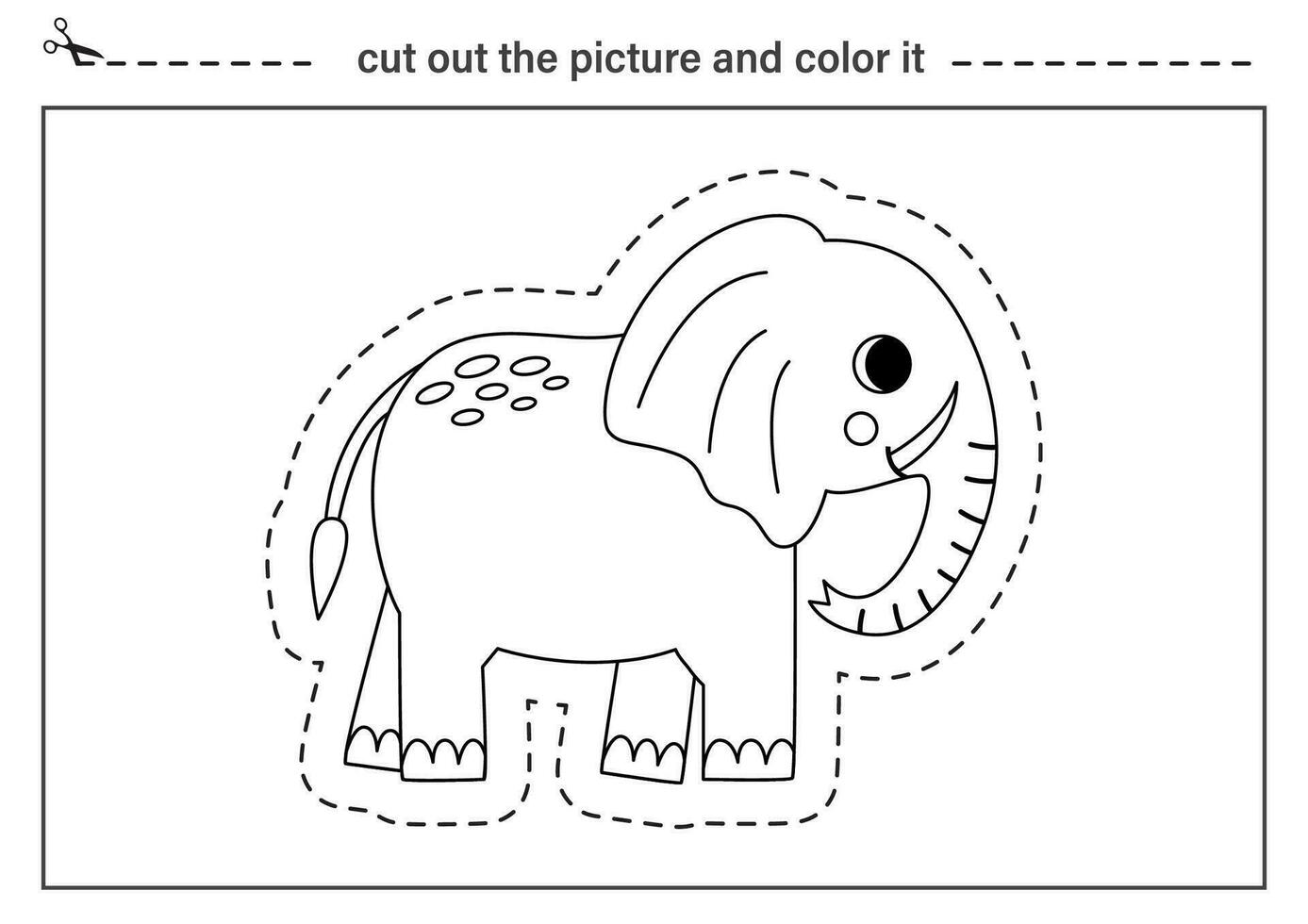 Cutting practice for kids. Black and white worksheet. Cut out cartoon elephant. vector