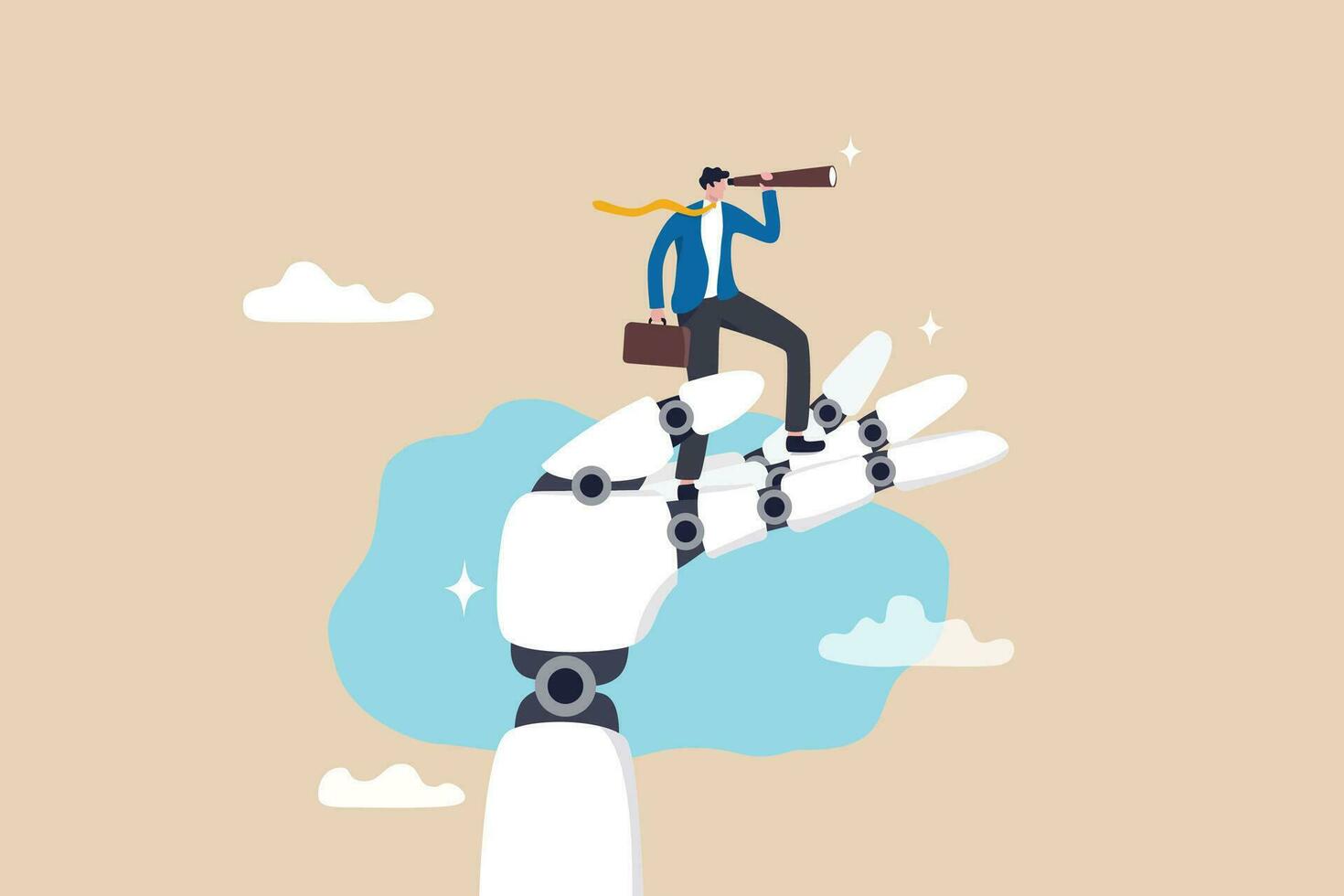 AI, Artificial Intelligence help business success, future of AI working with humanity, robot automation or innovation support, insight support, robot hand help businessman look on telescope future. vector