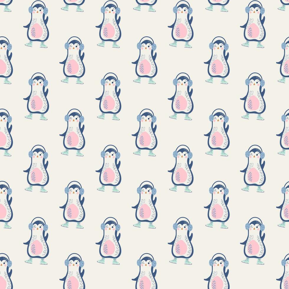 Christmas seamless pattern with cute cartoon penguins. Winter background. Vector flat style illustration for fabric, wrapping paper, scrapbooking, textile, poster, postcard design.