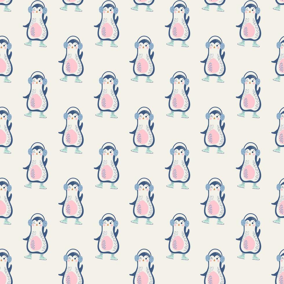 Christmas seamless pattern with cute cartoon penguins. Winter background. Vector flat style illustration for fabric, wrapping paper, scrapbooking, textile, poster, postcard design.