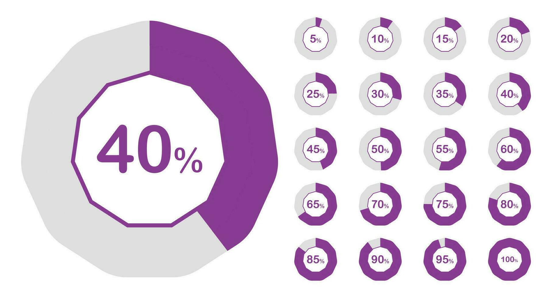 20 Sets of percentage diagrams with scale from 5 to 100 percent. vector
