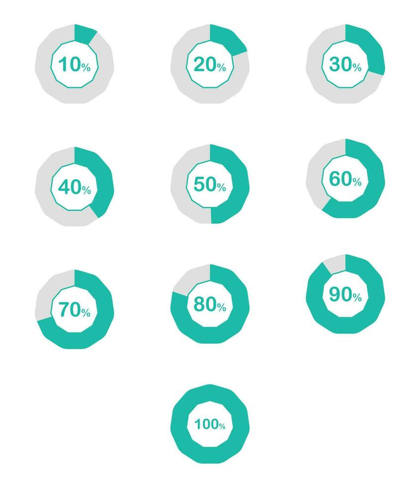 10 Sets of percentage diagrams with scale from 10 to 100 percent. vector