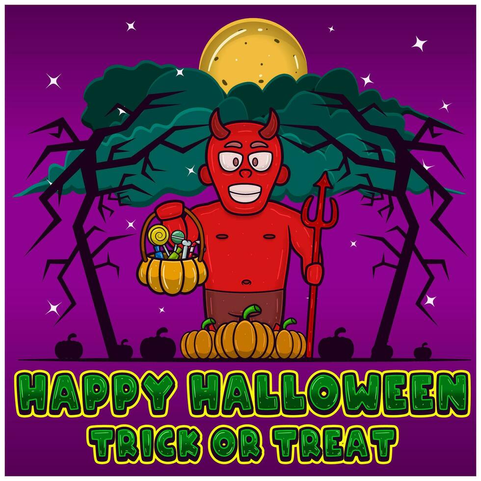 Red Devil Holding Candy. Happy Halloween. Trick and Treat. Greeting Card, Invitation and Poster. vector