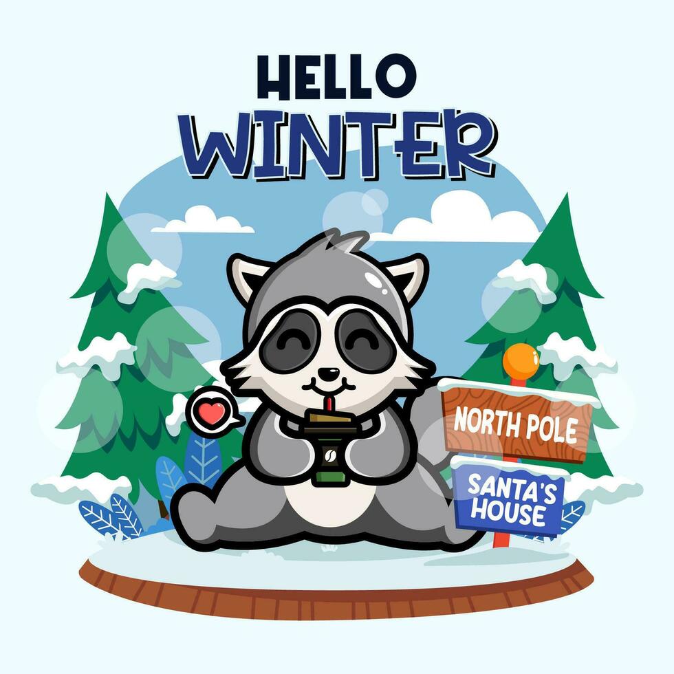 Cute raccoon in winter season vector