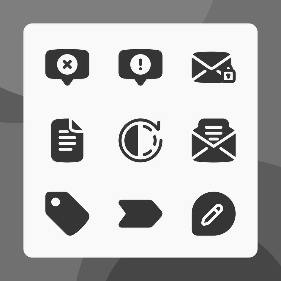 Interface icons in glyph style, for ui ux design, website icons, interface and business. Including message po up, lock mail, price tag, letter, write message, etc. vector