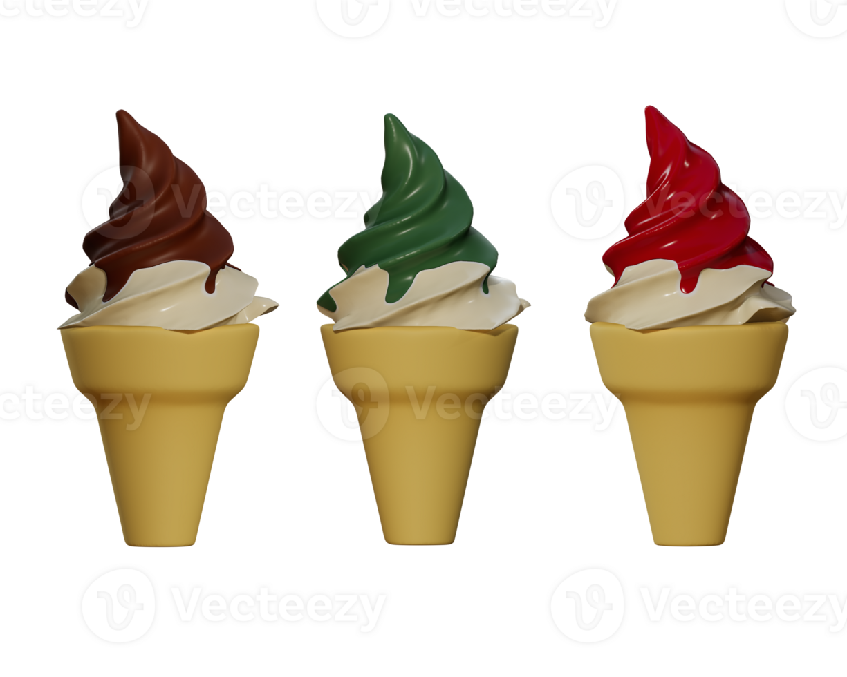 3D rendering of icecream cone, chocolate, cherry and matcha green tea png