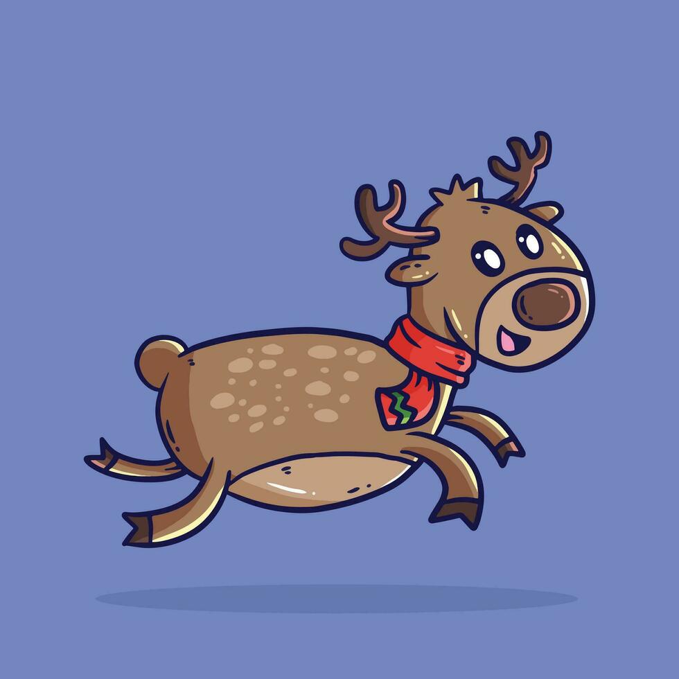 Cute cartoon vector illustration of winter reindeer jumping wearing winter scarf. Christmas Reindeer cartoon illustration.