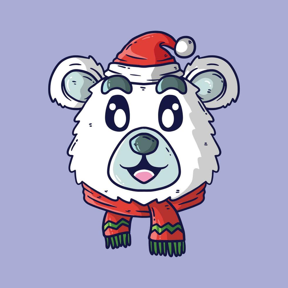 Cute cartoon vector illustration of Polar Bear head wearing santa hat and winter scarf. Christmas Polar bear cartoon illustration