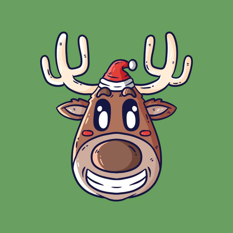 Cute cartoon vector illustration of reindeer head wearing santa hat and winter scarf. Christmas Reindeer cartoon illustration.