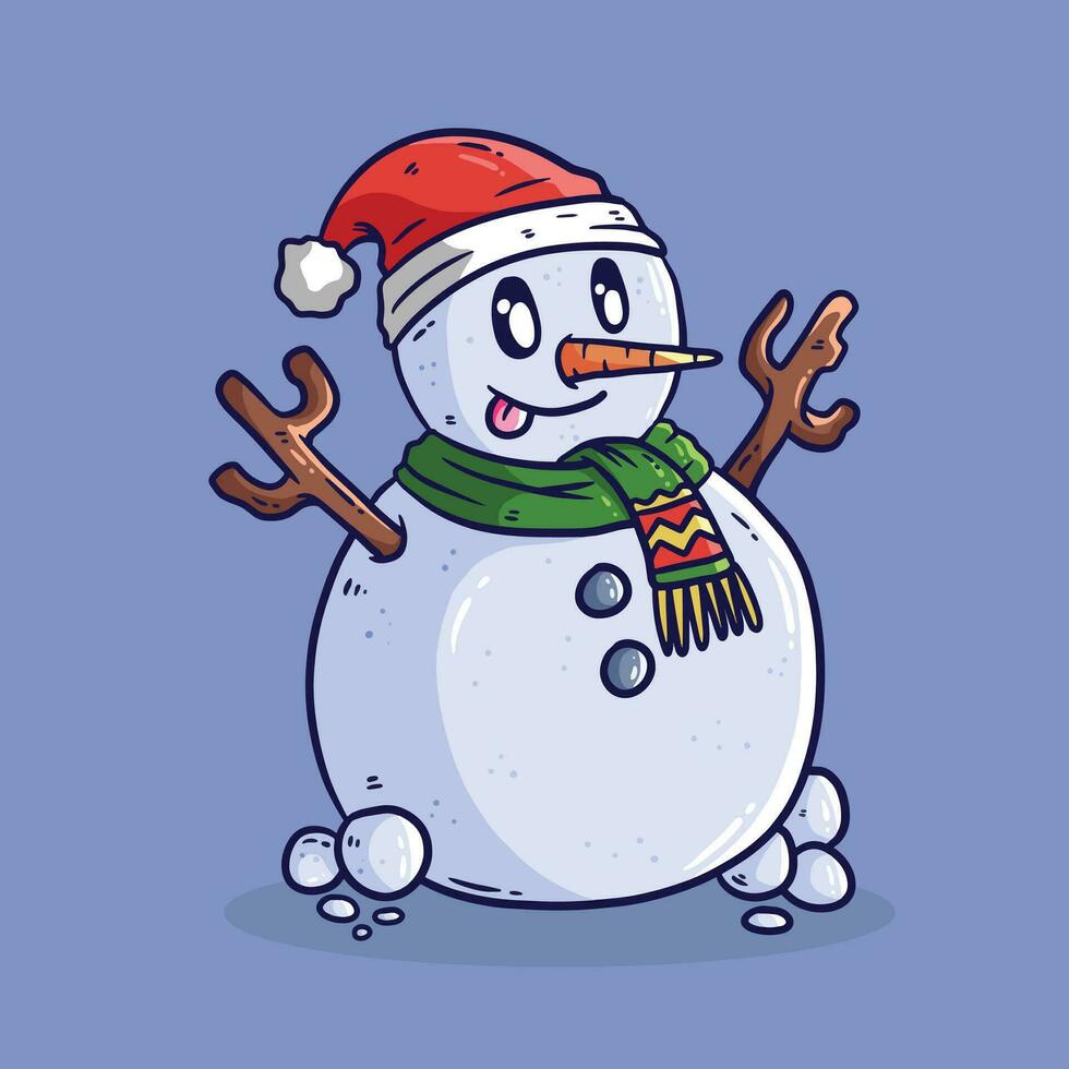 Snowman with Santa claus hat and scarf isolated on light blue background. Cartoon Vector illustration. A festive snowman. Christmas snowman