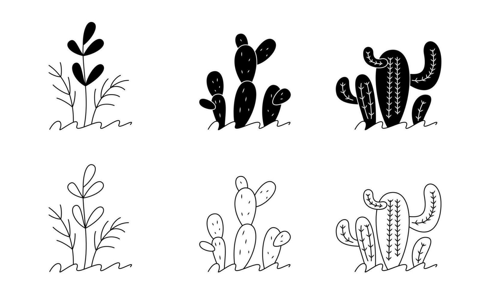 vector illustration of ornamental plants collection. line, silhouette, hand drawn and sketch style. black and white. used for decor, logo, icon, symbol, sign or print. editable stroke