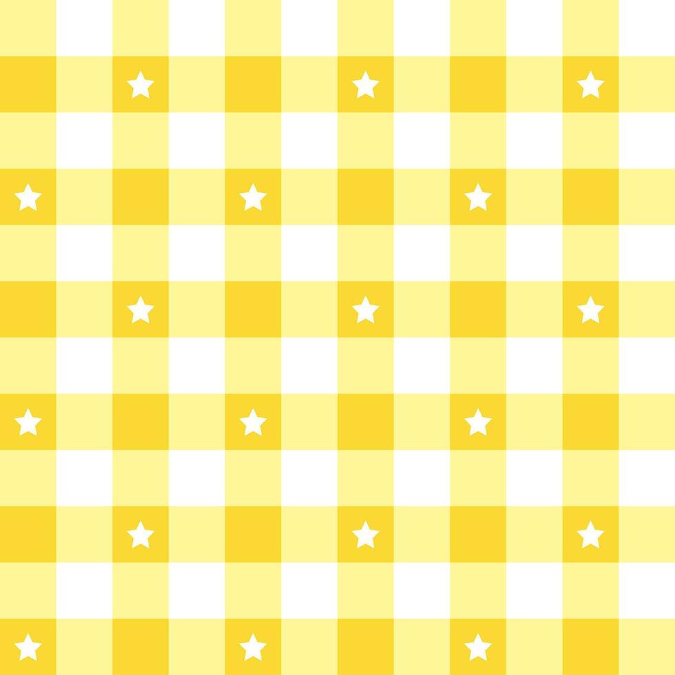 Yellow plaid pattern with star background. plaid pattern background. plaid background. Seamless pattern. for backdrop, decoration, gift wrapping, gingham tablecloth, blanket, tartan. vector