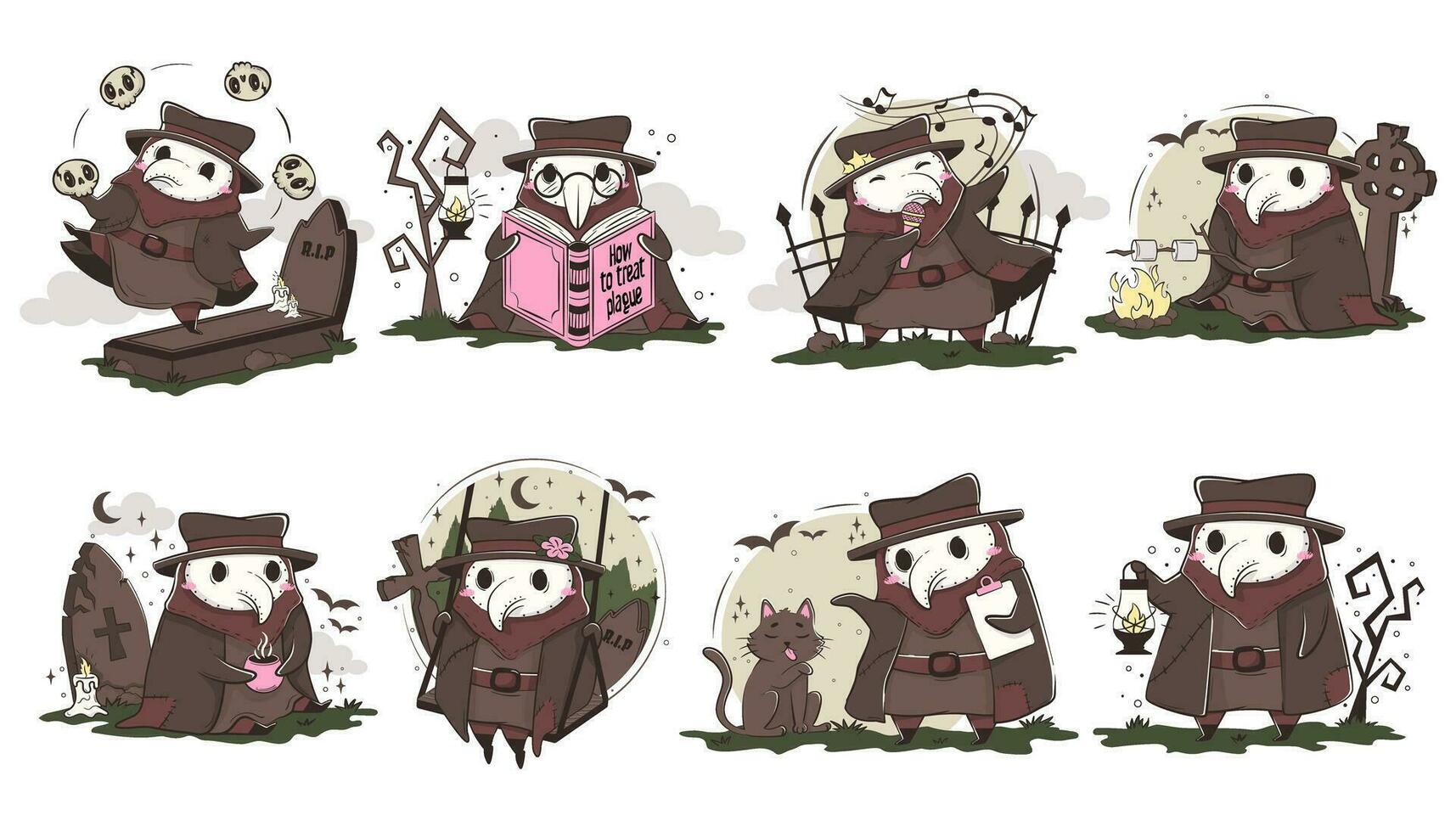 Set of cute kawaii plague doctor in various poses. Medical routine cartoon humorous concept. vector