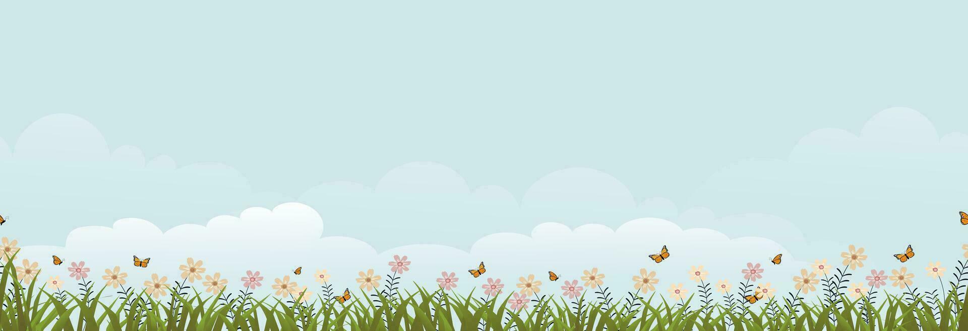 Seamless pattern Spring flower with Green Grass Field,Cloud and Blue Sky Background,Vector Cute Cartoon for Easter, Sunrise Summer countryside  landscape with lawn butterfly flying over daisy flower vector