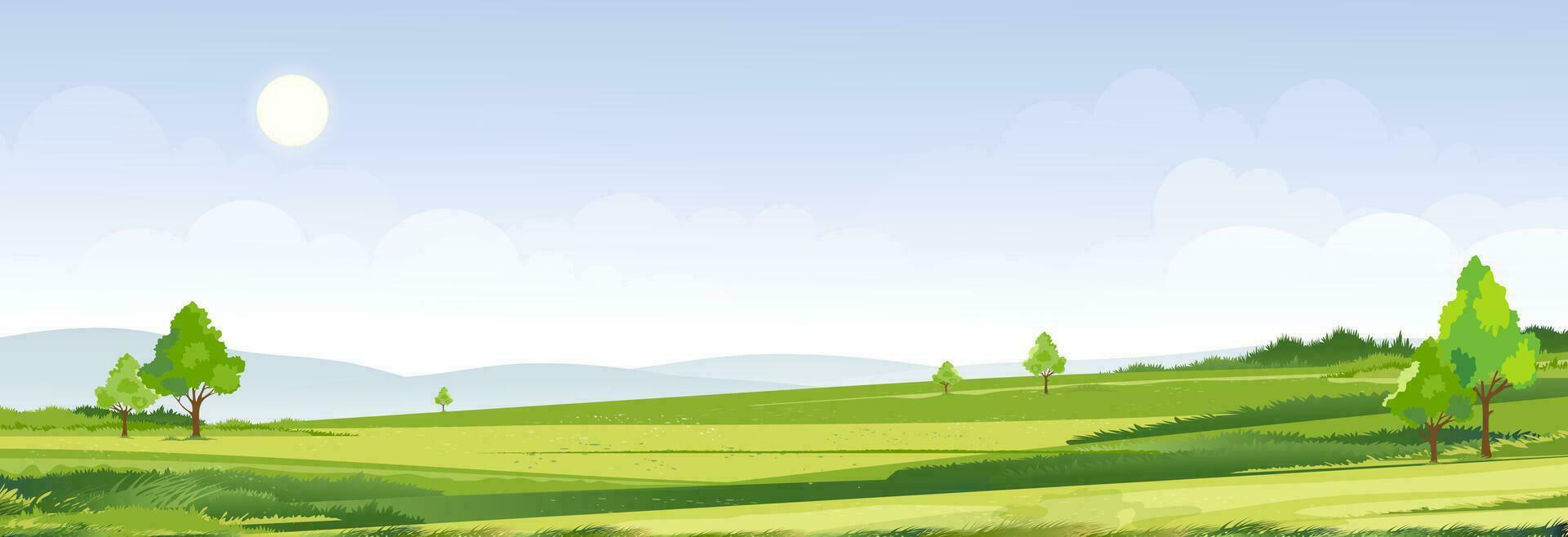 tiempo de primavera, paisaje de verano de día soleado en el pueblo con campo verde, fondo de nubes y cielo azul. campo rural con montaña, pastizales, luz del sol en la mañana, fondo de dibujos animados de paisaje de naturaleza vectorial vector