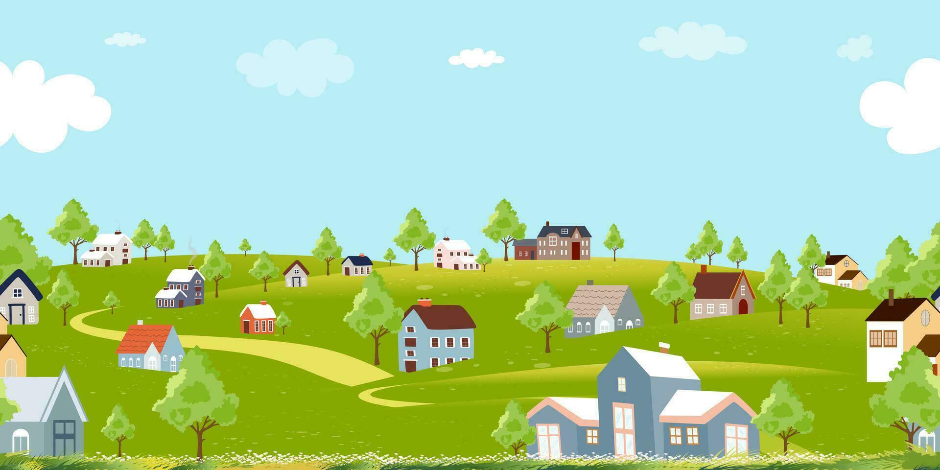 Seamless pattern Spring Landscape Village House on Green fields,Mountain,Blue Sky and Clouds Background,Horizon peaceful rural nature Sunny day Summer with grass land.Cartoon Vector banner for Easter