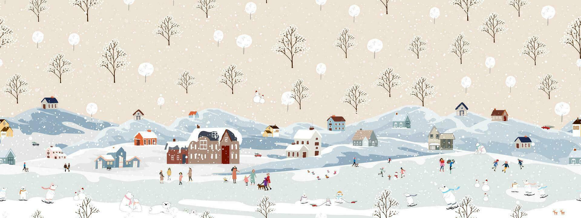 Seamless pattern Winter landscape,Christmas,New Year background in village at night with happy peopleand polar bear playing ice skate in the park,Vector horizontal cute pattern Winter wonderland vector