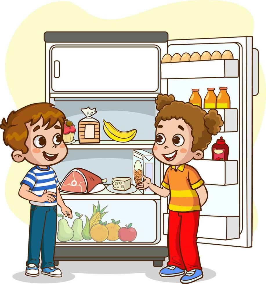 niños tomando comida y bebidas desde el refrigerador vector