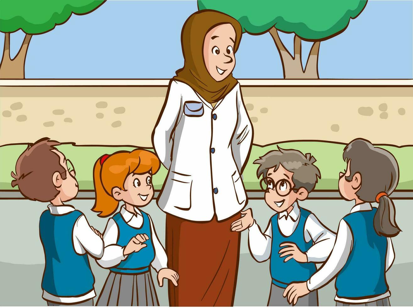 vector illustration of teacher and students talking