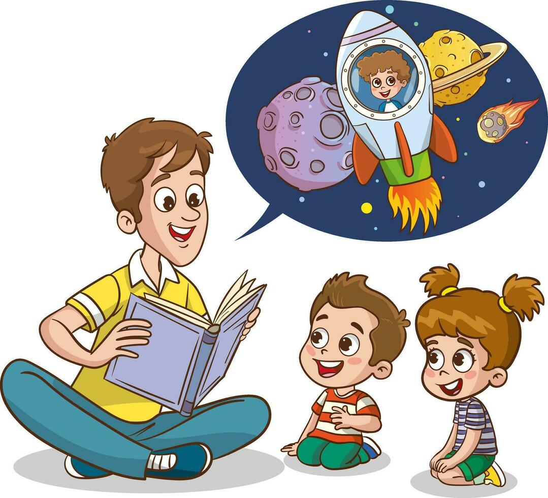 vector illustration of father and kids reading book