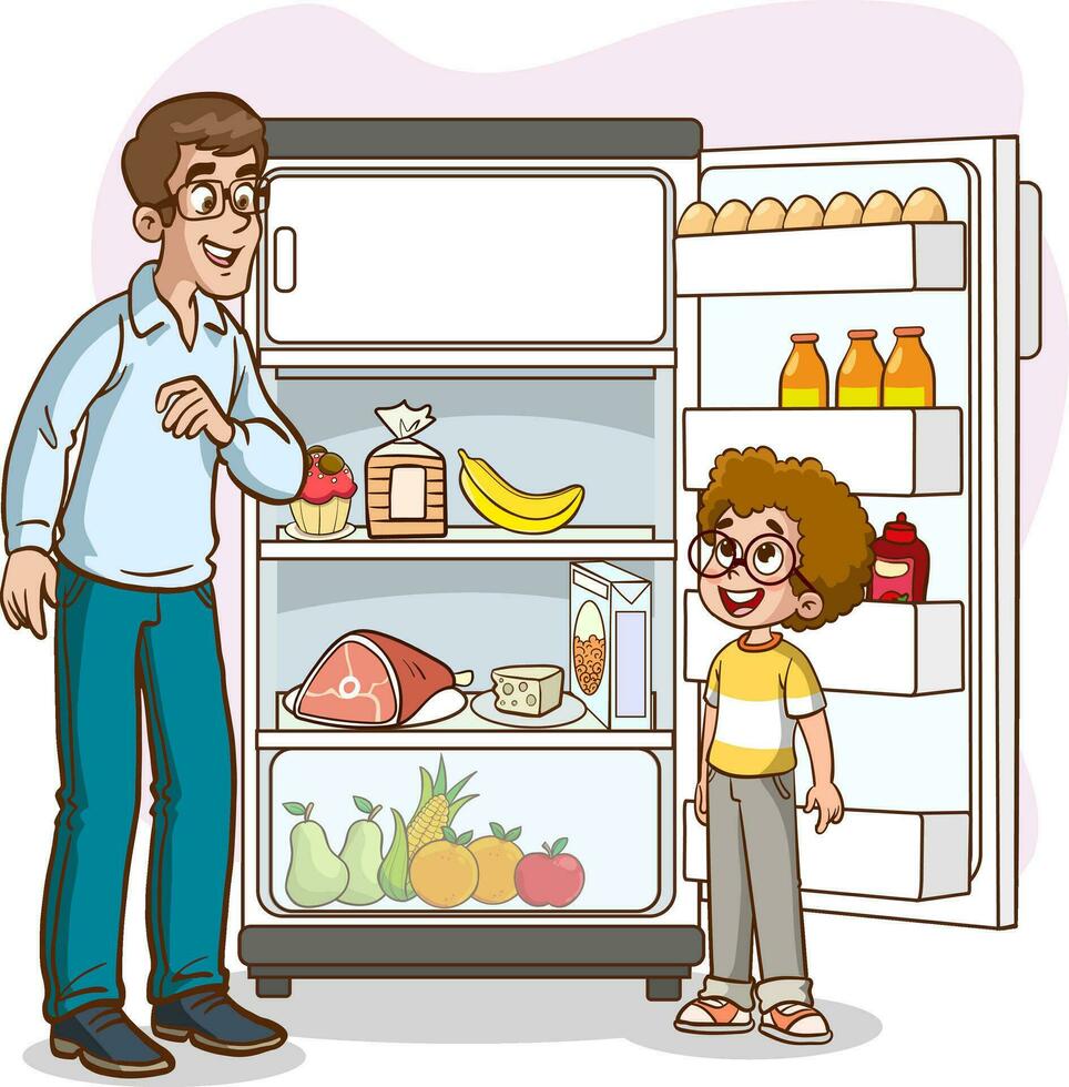 vector ilustración de chico y su padre mirando a el refrigerador.el chico pregunta su padre para el jugo en el refrigerador.