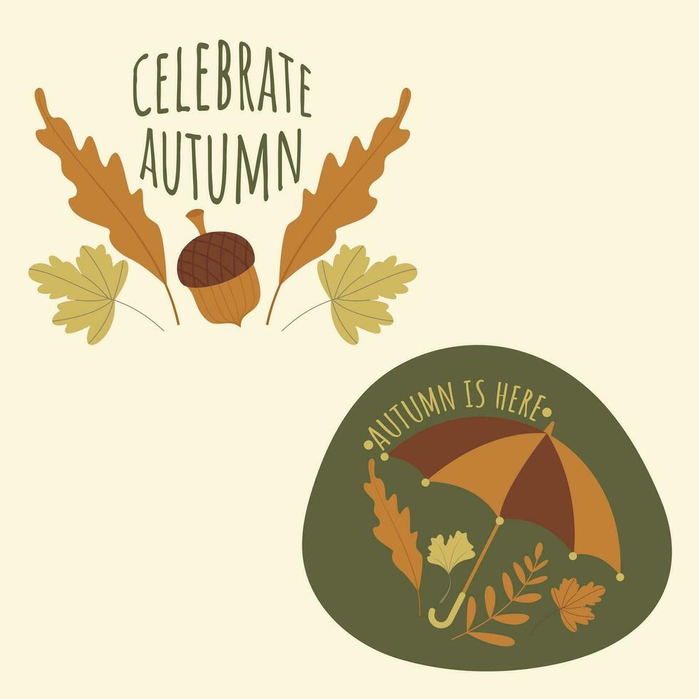 otoño y otoño temporada fiesta icono vector letras. objetos y telas alrededor octubre otoño temporada con naranja, marrón, y verde natural color parecido a otoño temporada