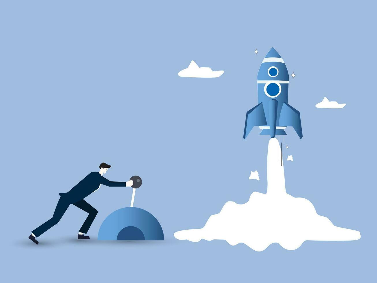 Start your own business, launch success rocket or entrepreneur, startup project or boost company growth, invention concept, ambitious businessman entrepreneur push switch to launch rocket into sky. vector