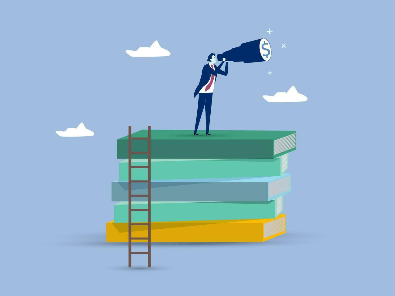 Business skills for career opportunity, knowledge or education for future job, challenge and personal improvement, reading list concept, businessman climb up ladder on books stack for good vision. vector