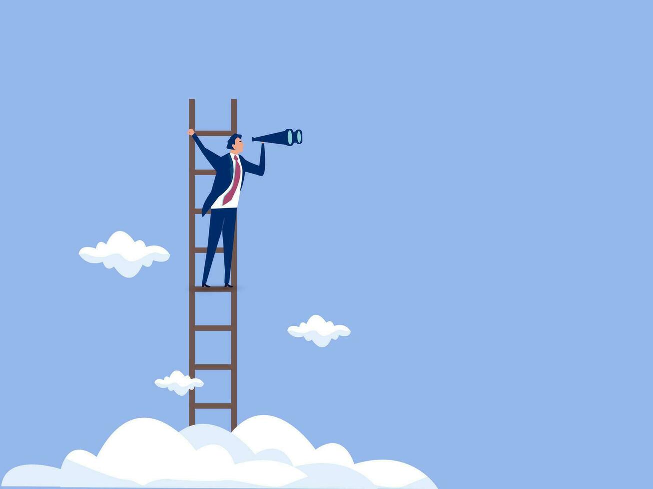Success ladder for business opportunity, looking for new job or career path, leadership discovery or searching for success concept, smart businessman climb up ladder look through telescope visionary. vector